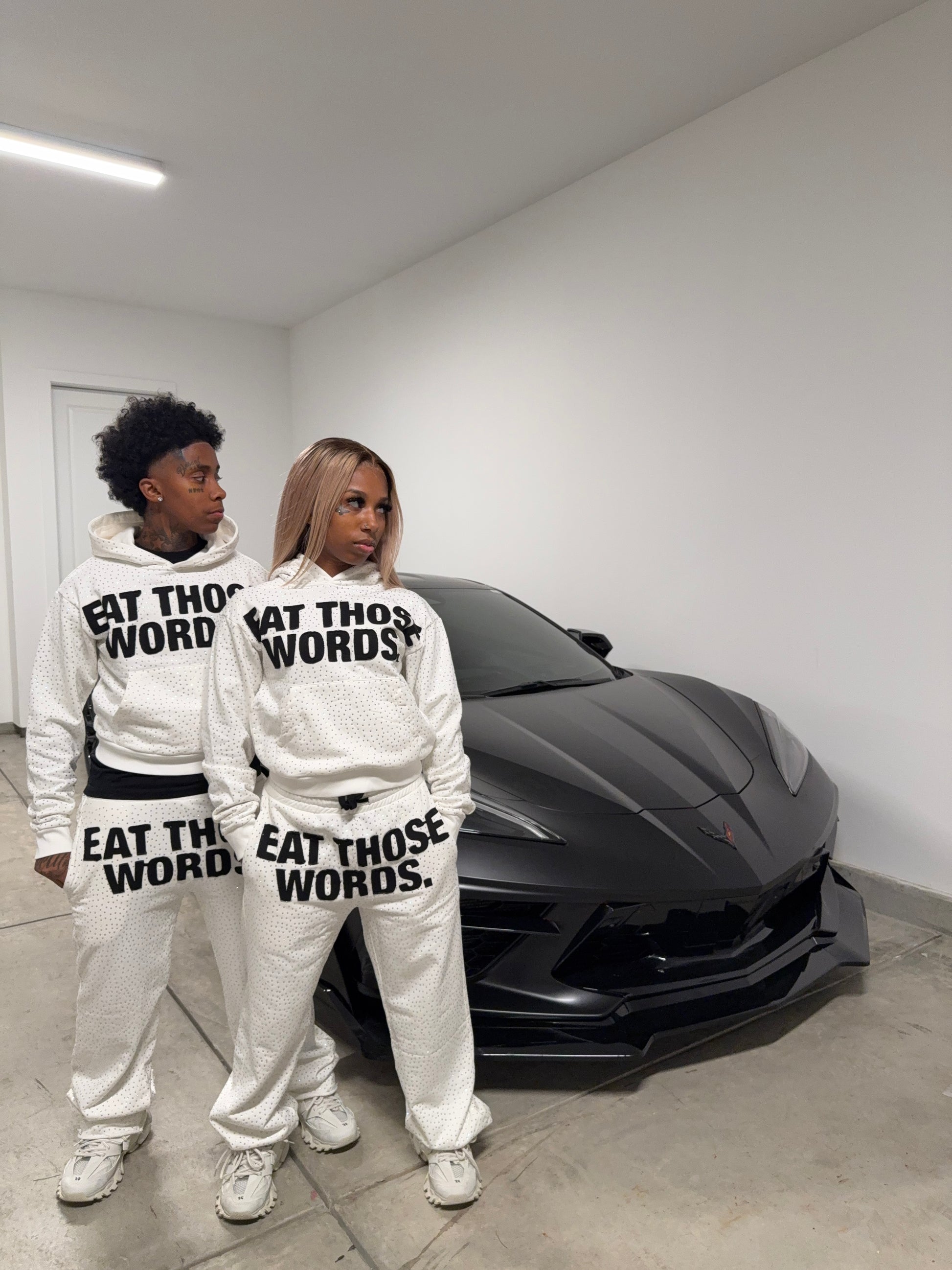 WHITE " EAT THOSE WORDS " RHINESTONE HOODIE