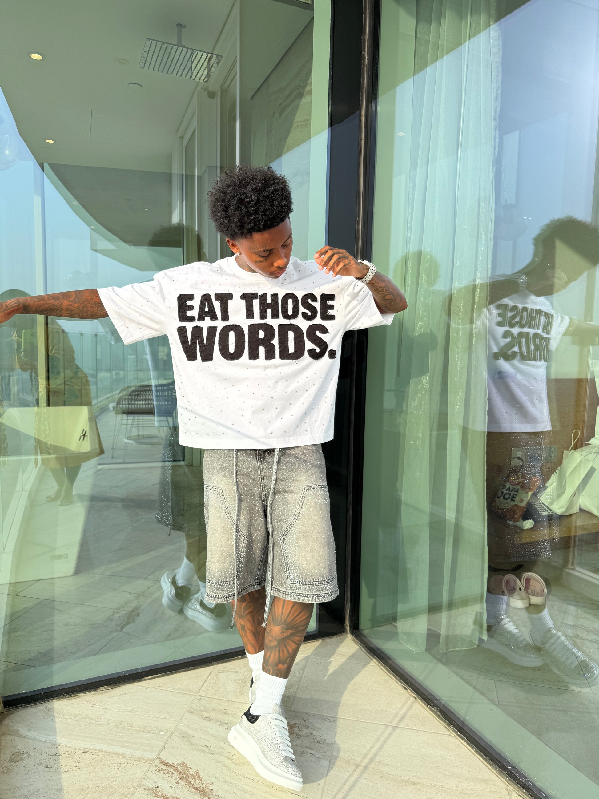 WHITE “ EAT THOSE WORDS “ RHINESTONE TEE ( MENS)