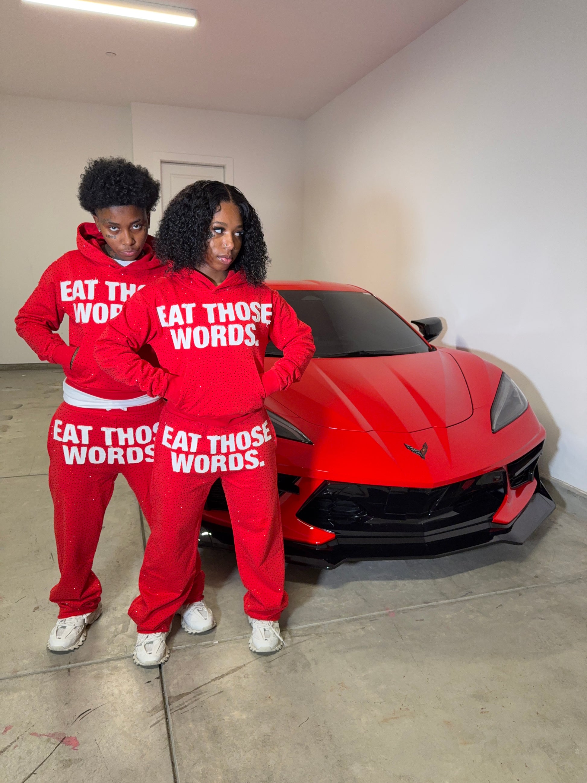 RED " EAT THOSE WORDS " RHINESTONE HOODIE