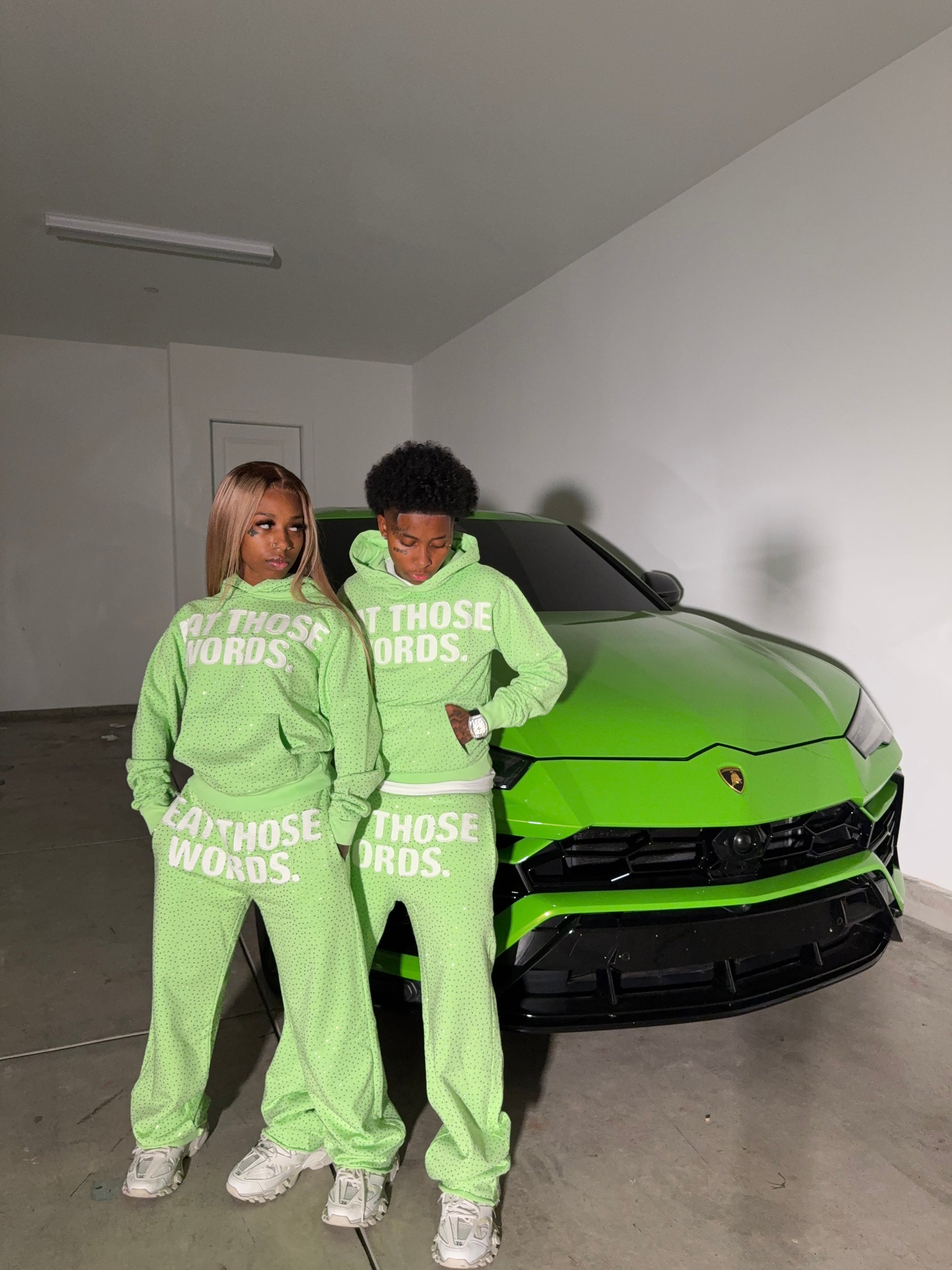GREEN " EAT THOSE WORDS " RHINESTONE SWEATPANTS