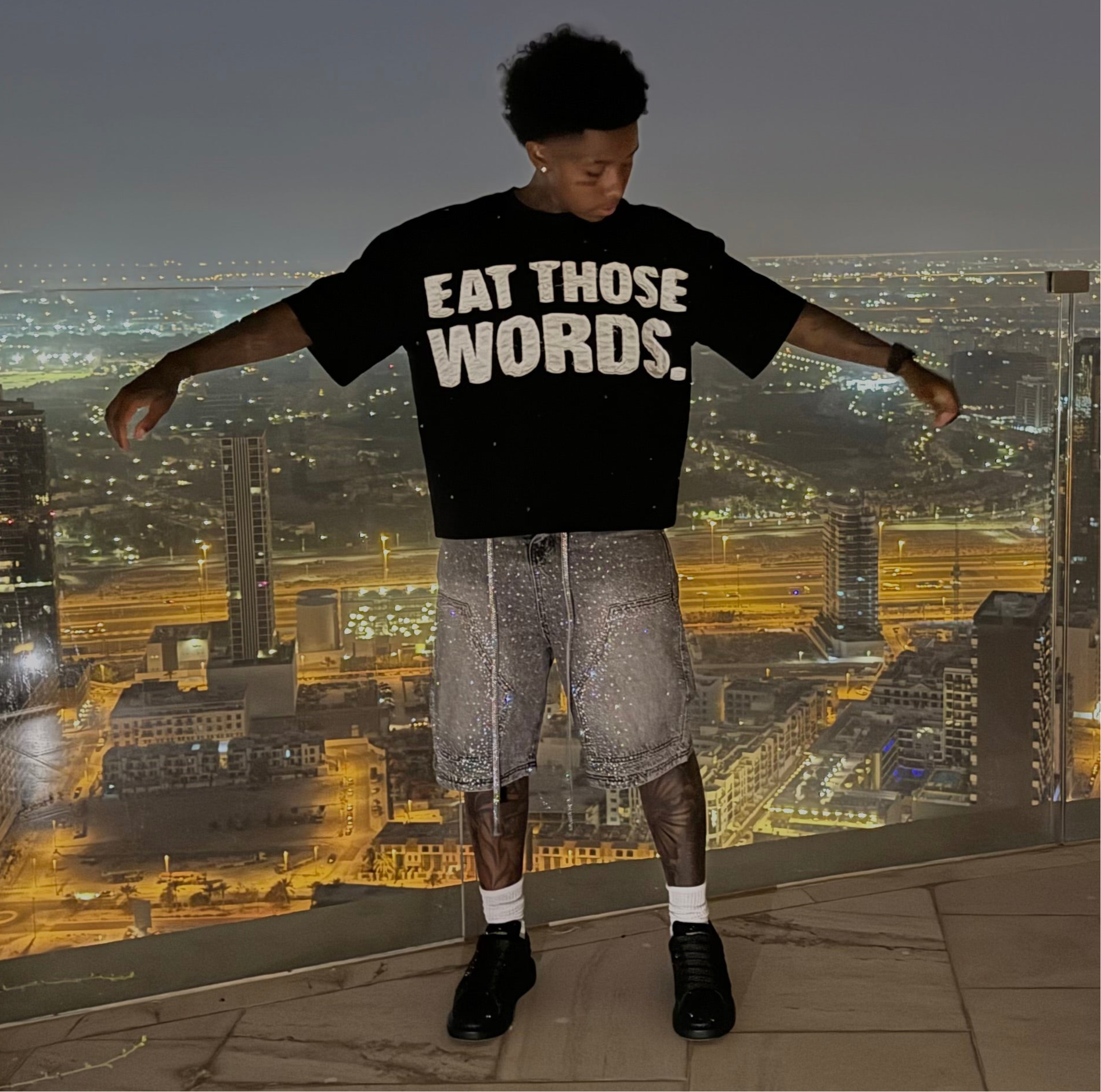 BLACK “EAT THOSE WORDS “ RHINESTONE TEE ( MENS)