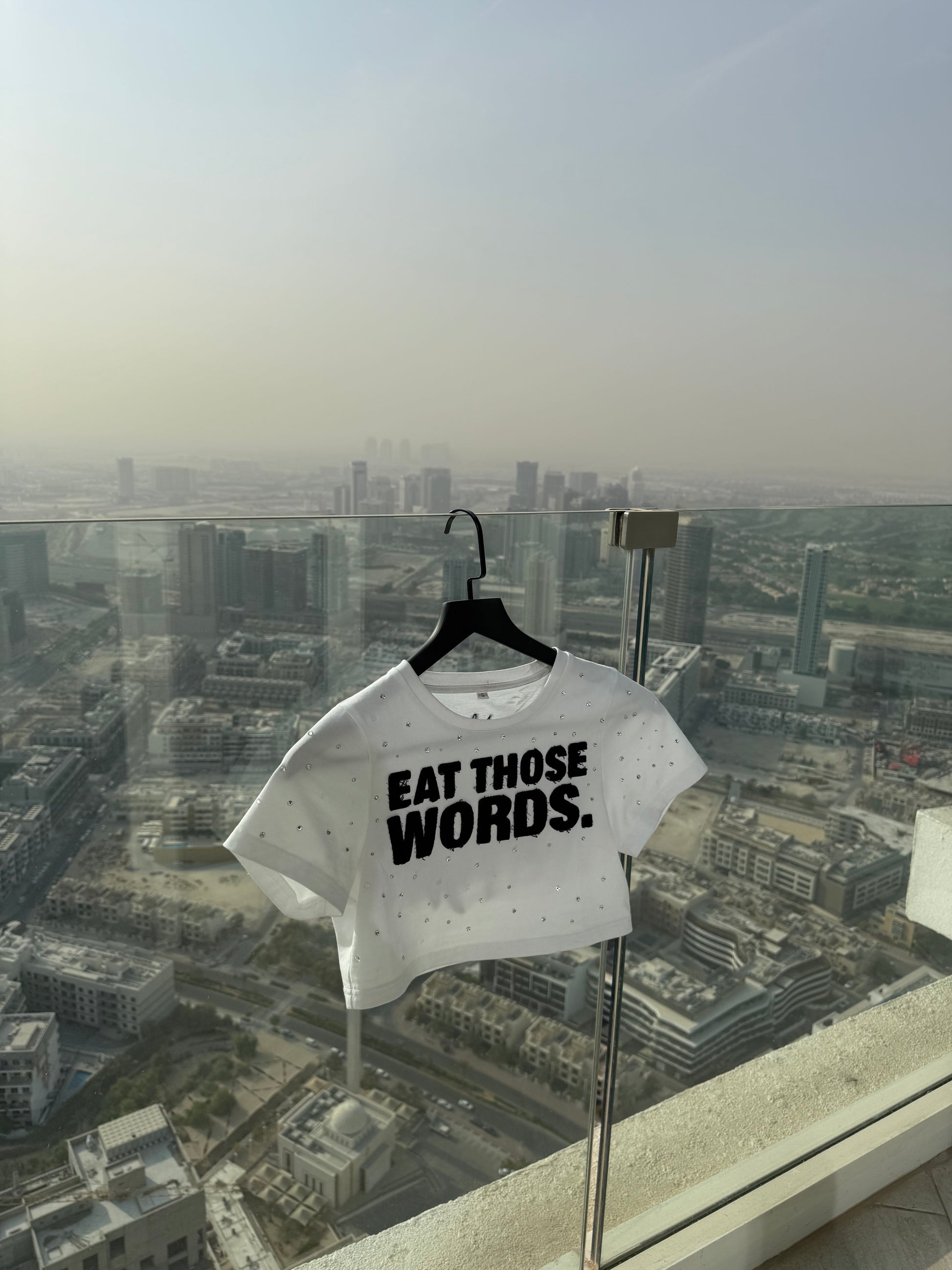 WHITE “ EAT THOSE WORDS “ RHINESTONE TEE ( WOMENS)