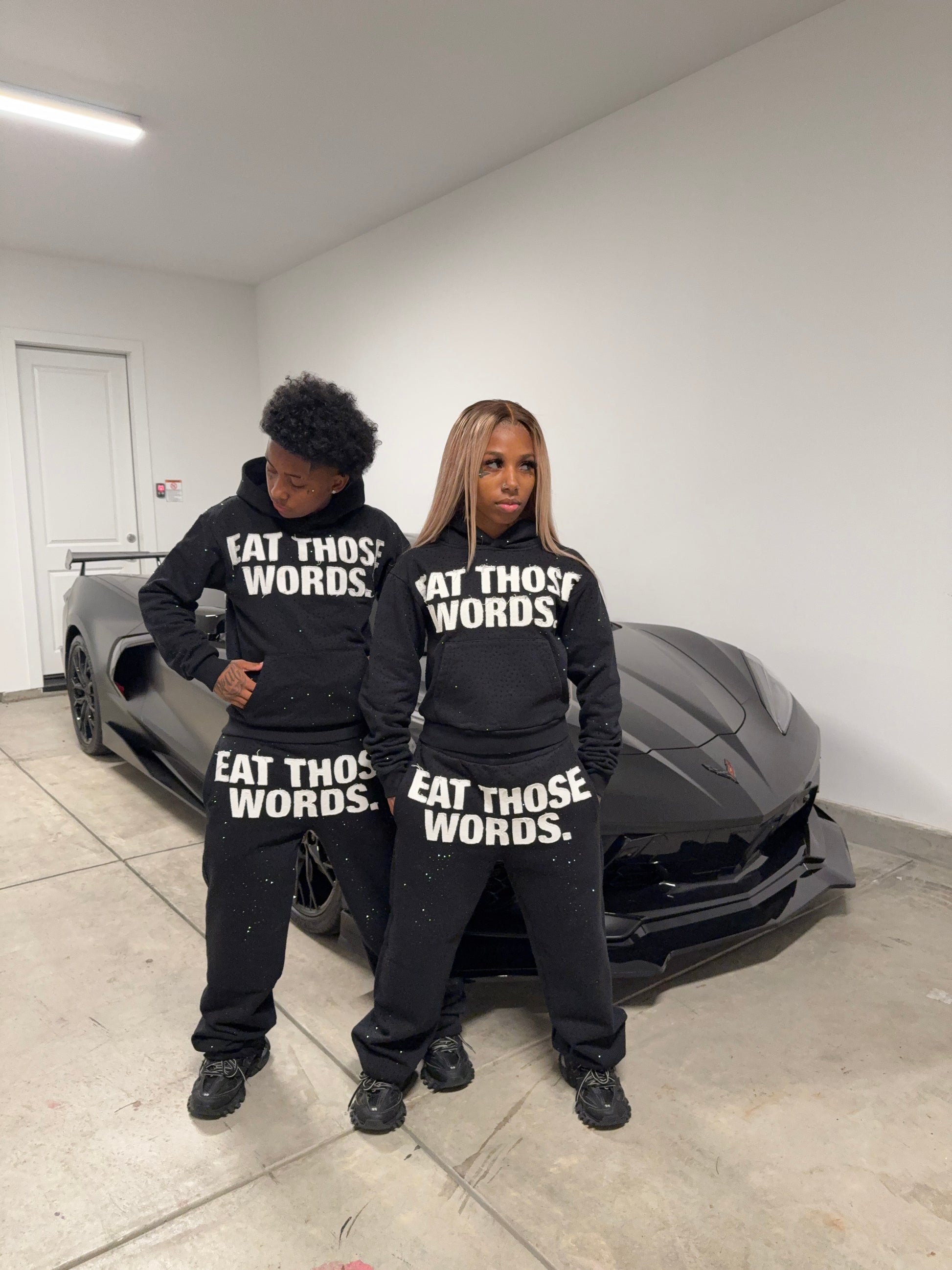 BLACK " EAT THOSE WORDS " RHINESTONE HOODIE