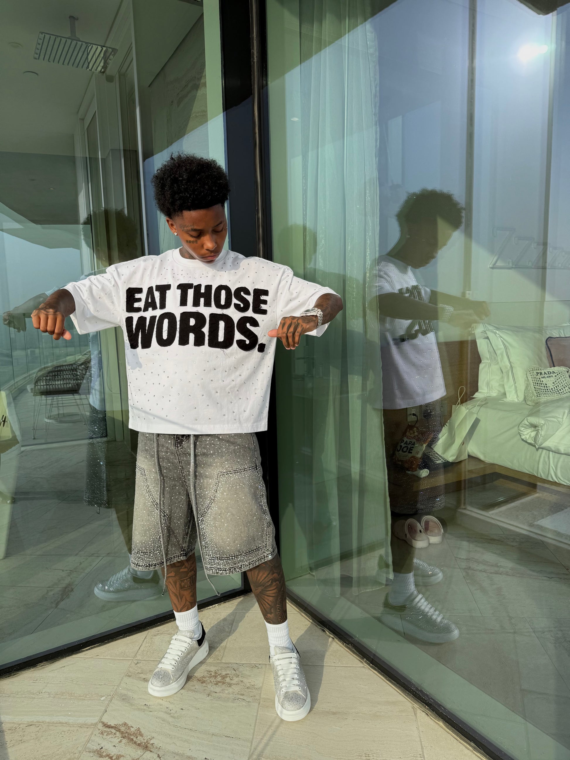 WHITE “ EAT THOSE WORDS “ RHINESTONE TEE ( MENS)