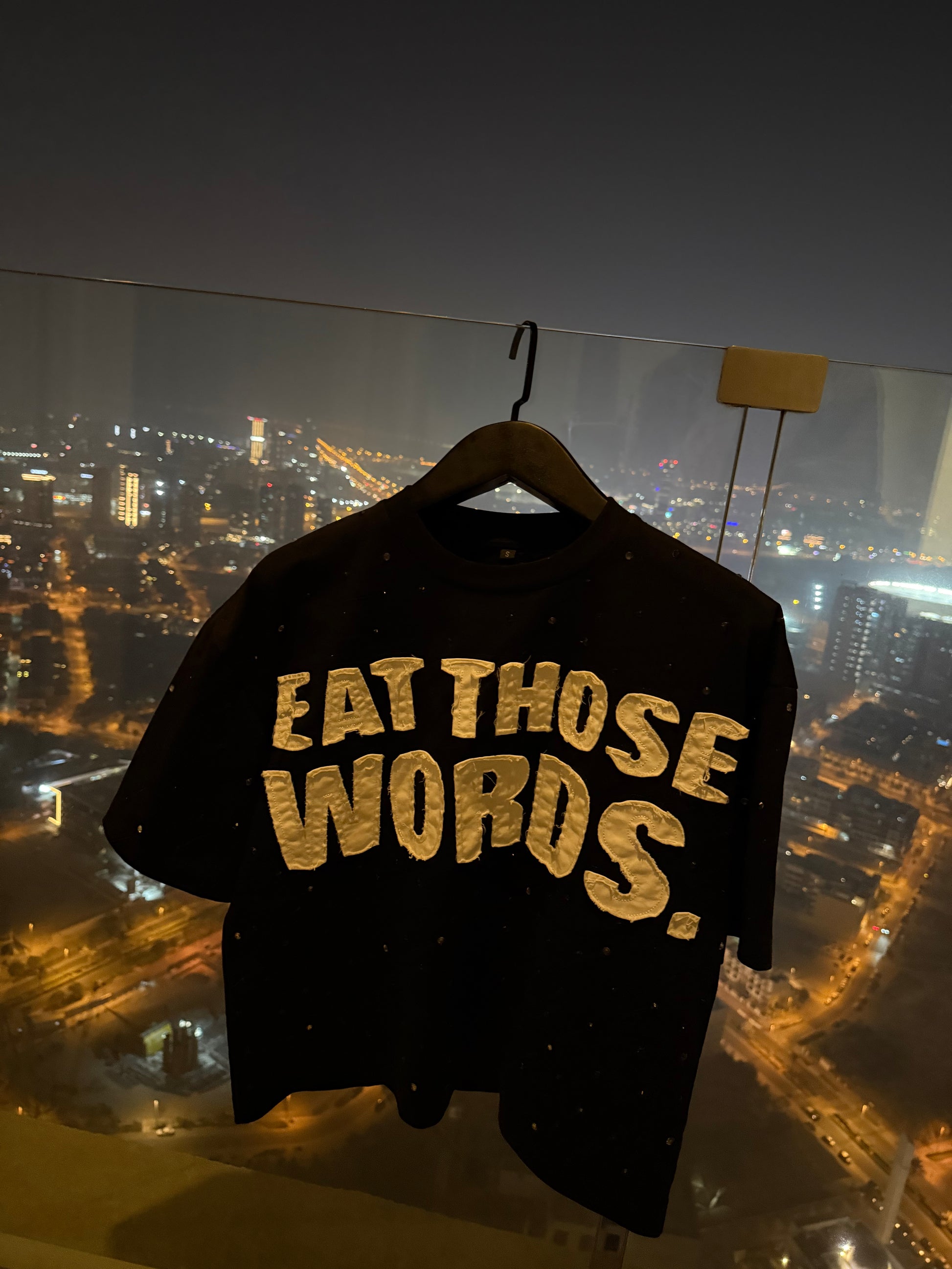 BLACK “EAT THOSE WORDS “ RHINESTONE TEE ( MENS)