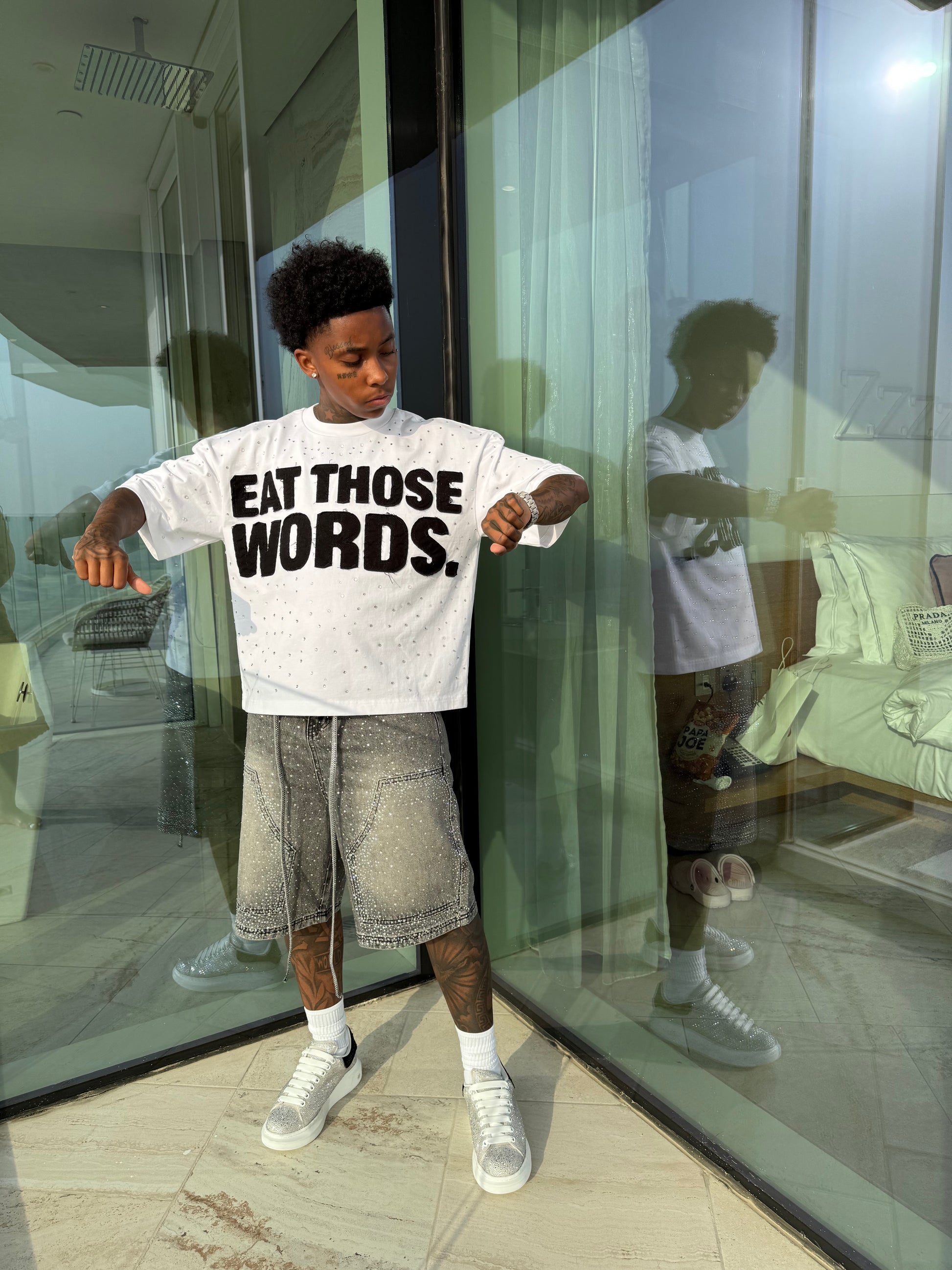 WHITE “ EAT THOSE WORDS “ RHINESTONE TEE ( MENS)