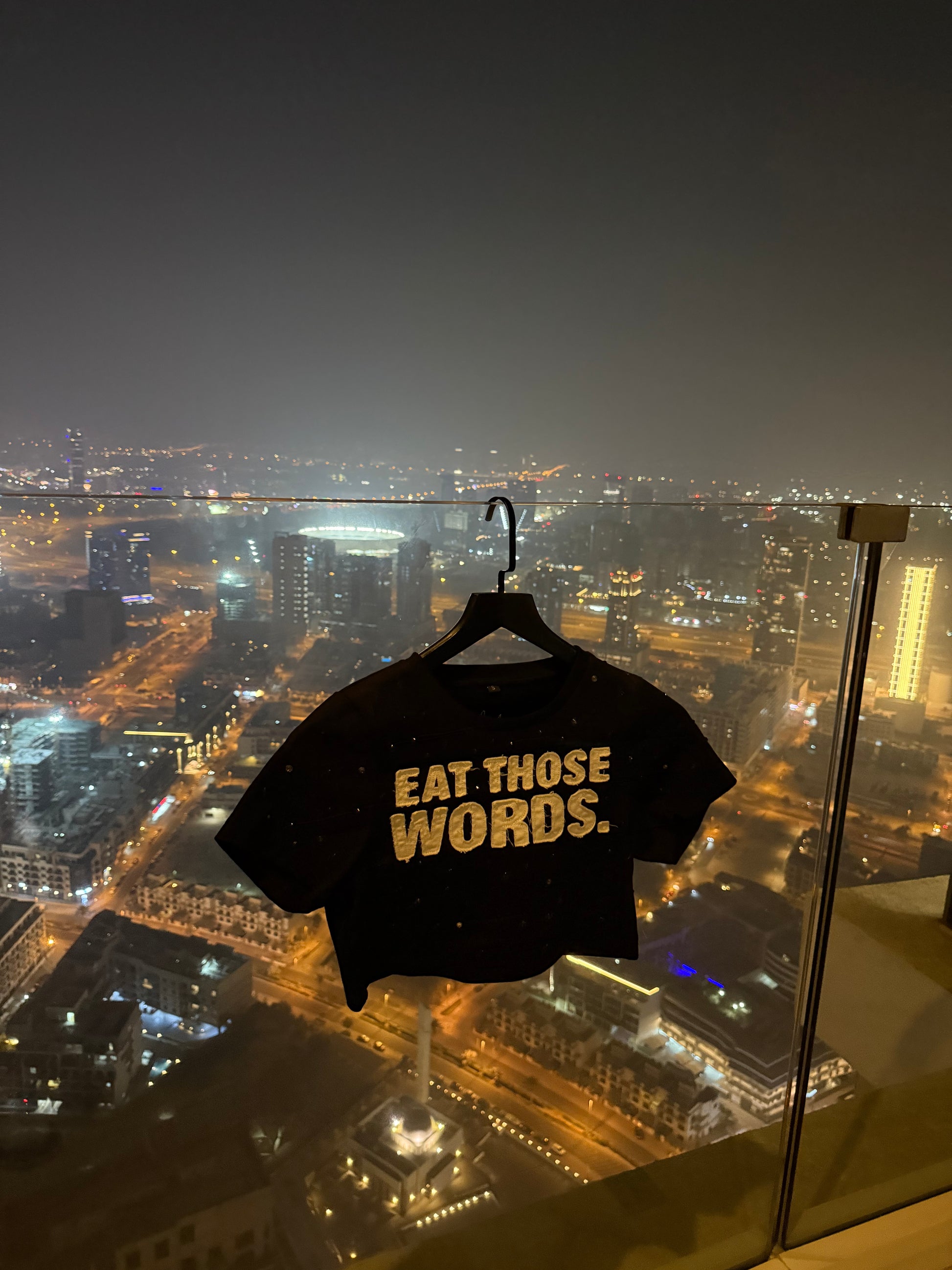 BLACK “EAT THOSE WORDS “ RHINESTONE TEE (WOMENS)