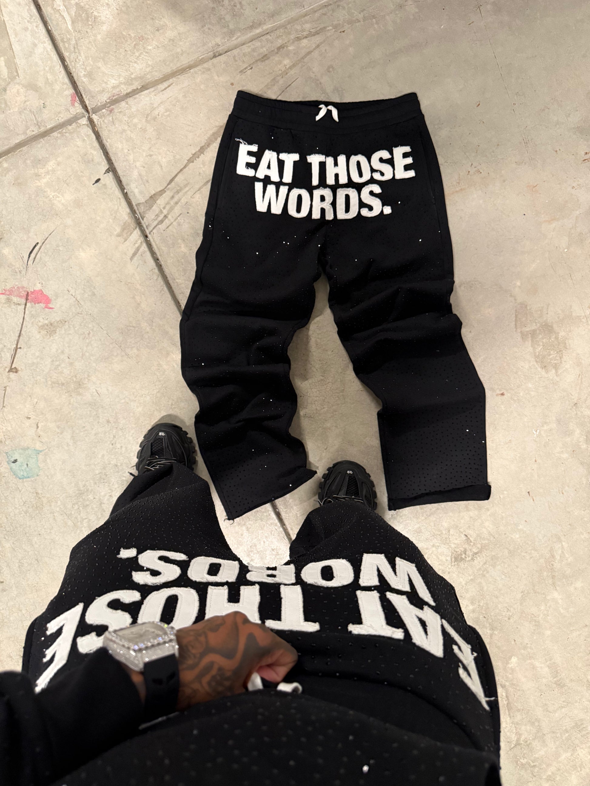 BLACK " EAT THOSE WORDS" RHINESTONE SWEATPANTS