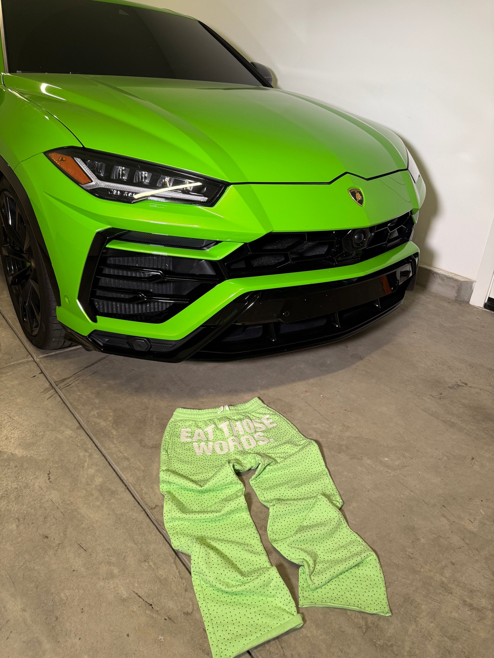 GREEN " EAT THOSE WORDS " RHINESTONE SWEATPANTS