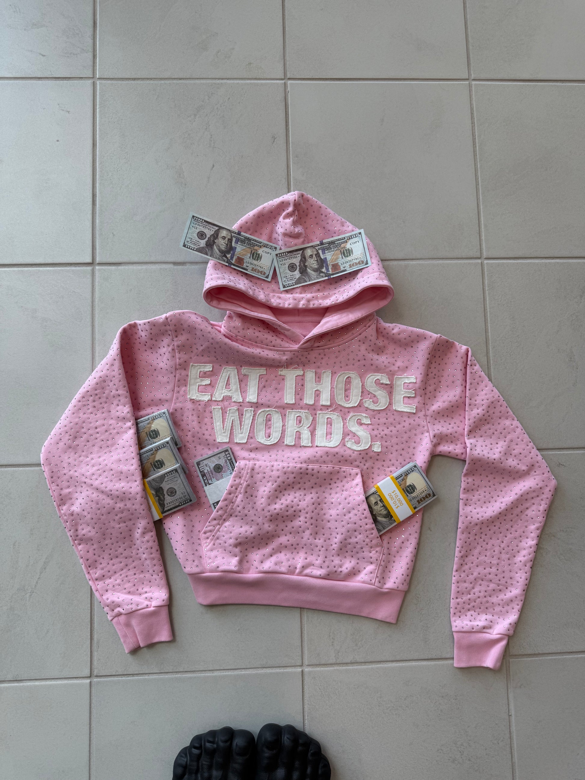 PINK " EAT THOSE WORDS " RHINESTONE HOODIE