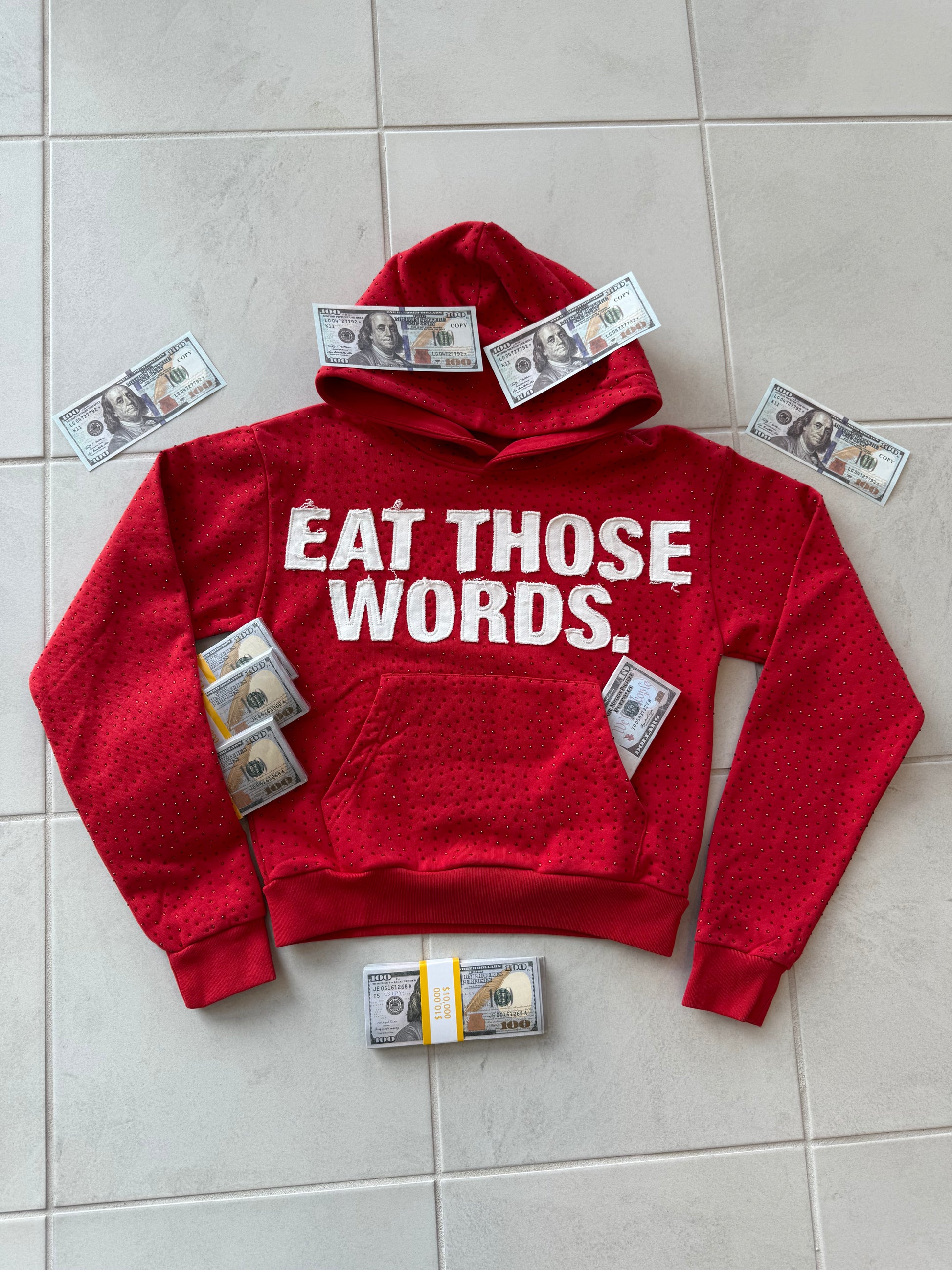 RED " EAT THOSE WORDS " RHINESTONE HOODIE
