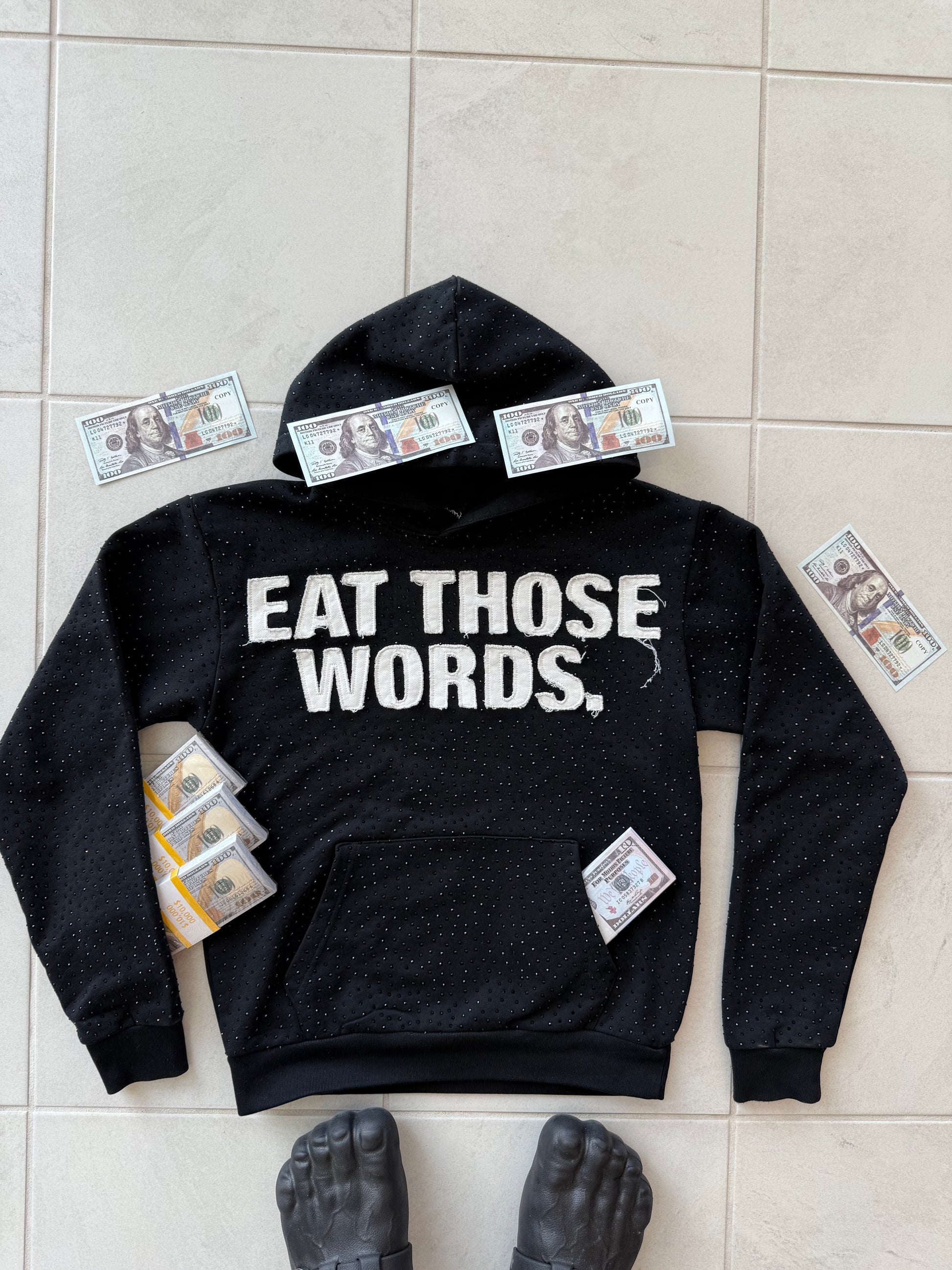 BLACK " EAT THOSE WORDS " RHINESTONE HOODIE