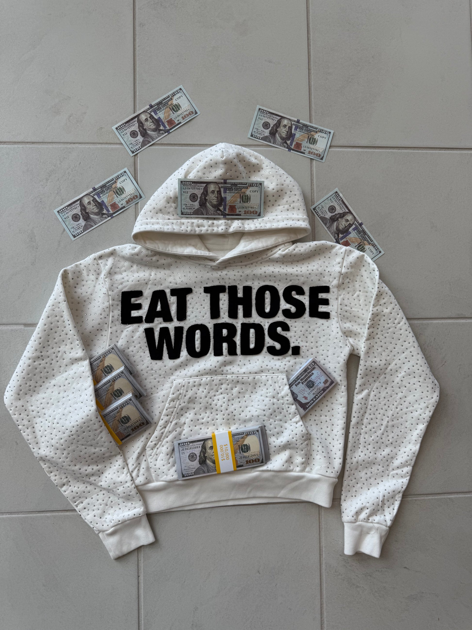 WHITE " EAT THOSE WORDS " RHINESTONE HOODIE