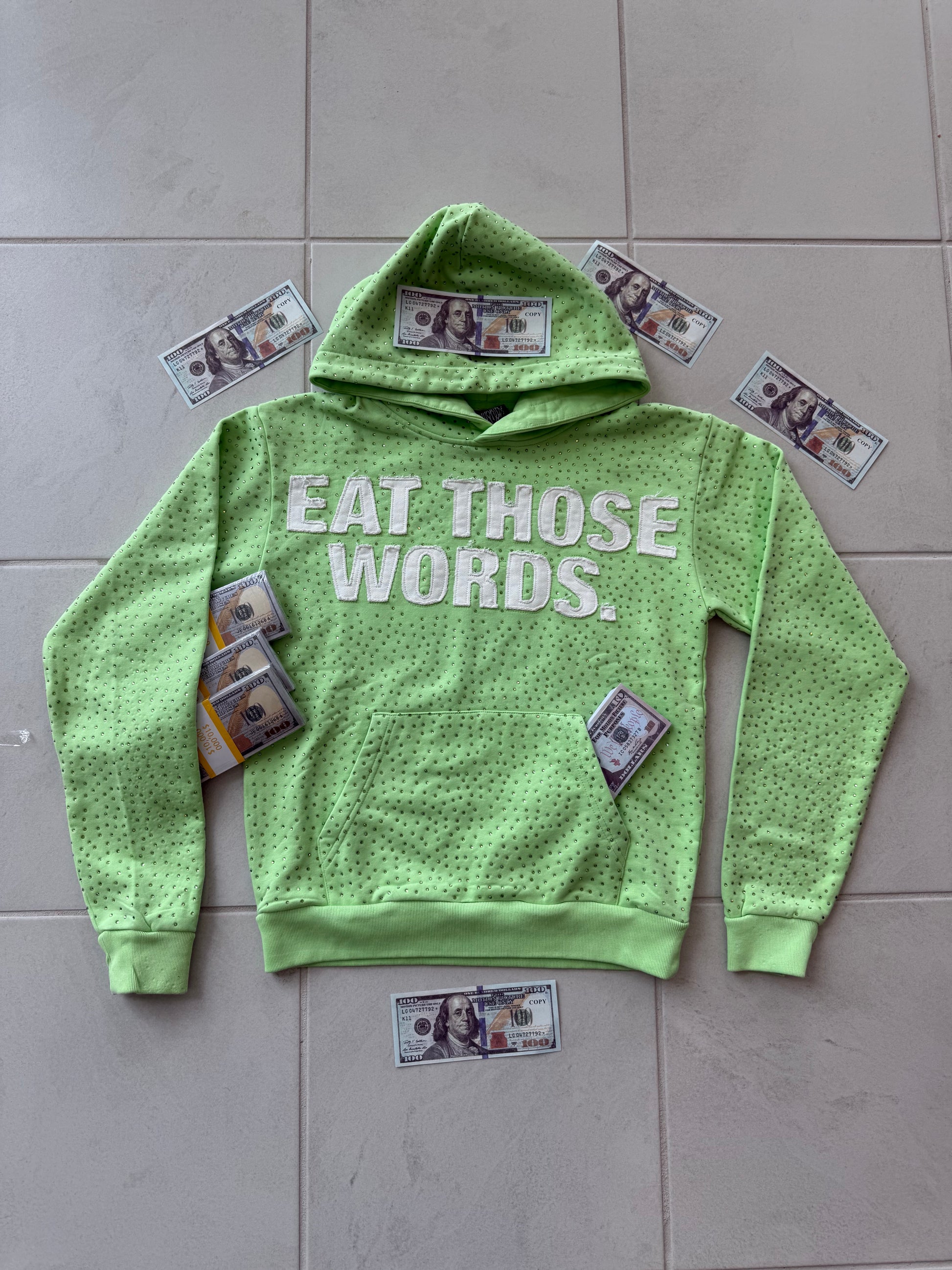 GREEN " EAT THOSE WORDS " RHINESTONE HOODIE