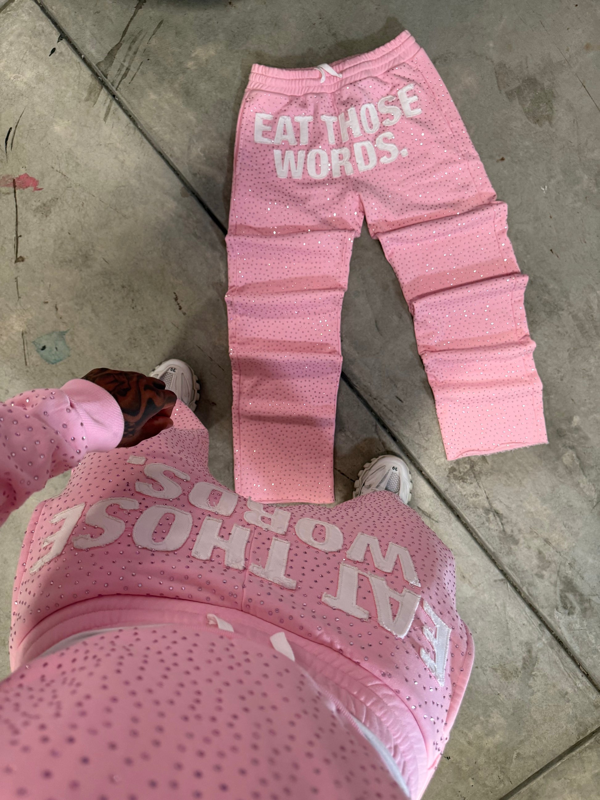 PINK " EAT THOSE WORDS " RHINESTONE SWEATPANTS