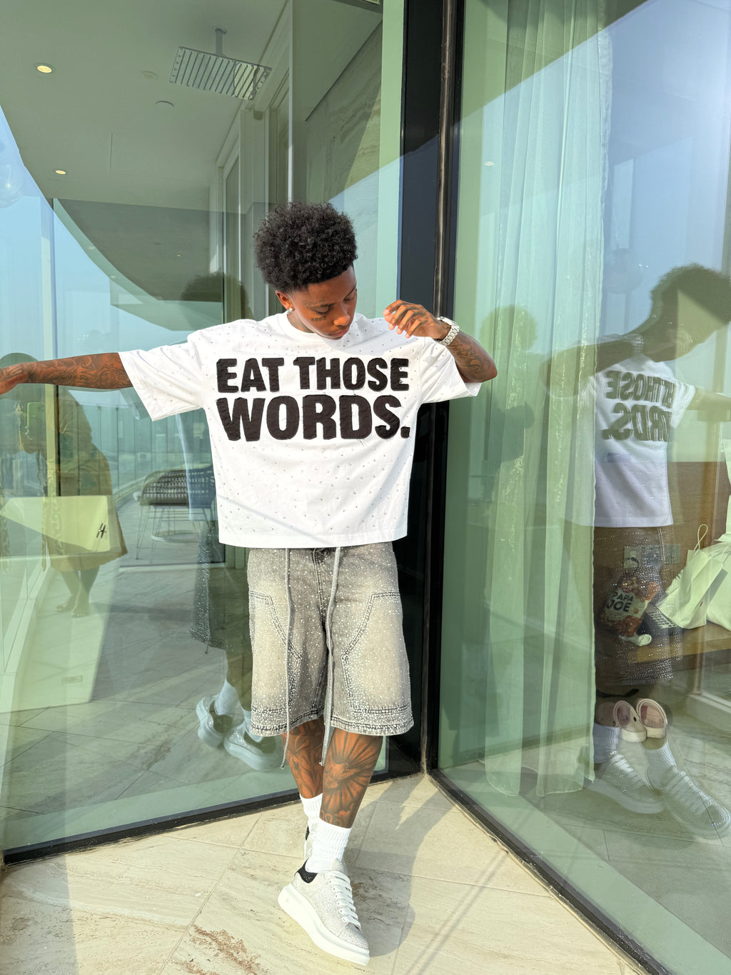 WHITE “ EAT THOSE WORDS “ RHINESTONE TEE ( MENS)