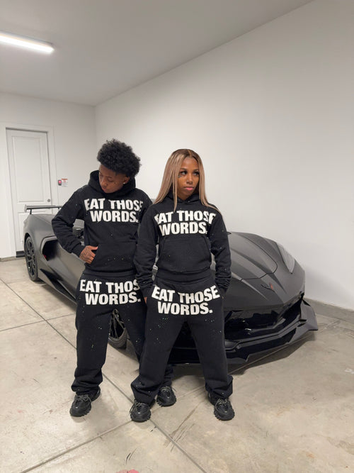 BLACK " EAT THOSE WORDS " RHINESTONE HOODIE