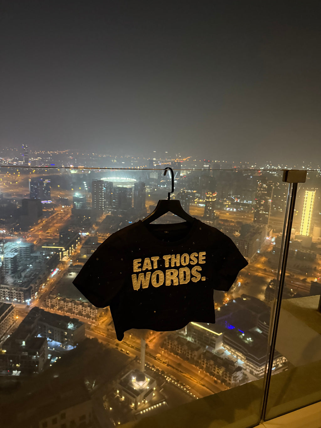 BLACK “EAT THOSE WORDS “ RHINESTONE TEE (WOMENS)
