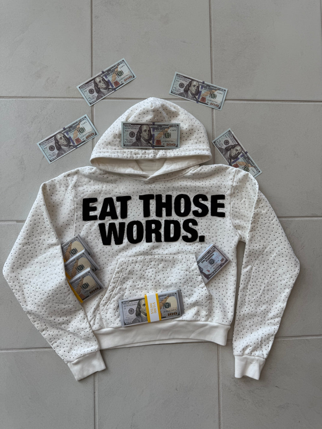 WHITE " EAT THOSE WORDS " RHINESTONE HOODIE